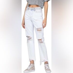 Vervet Beverley Super High Rise Destroyed Straight Jeans Womens 29 White Raw Hem